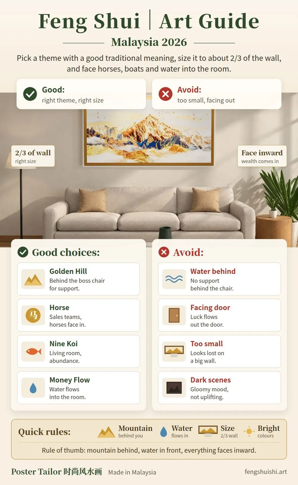Feng shui painting Malaysia guide infographic showing themes, rooms and sizes