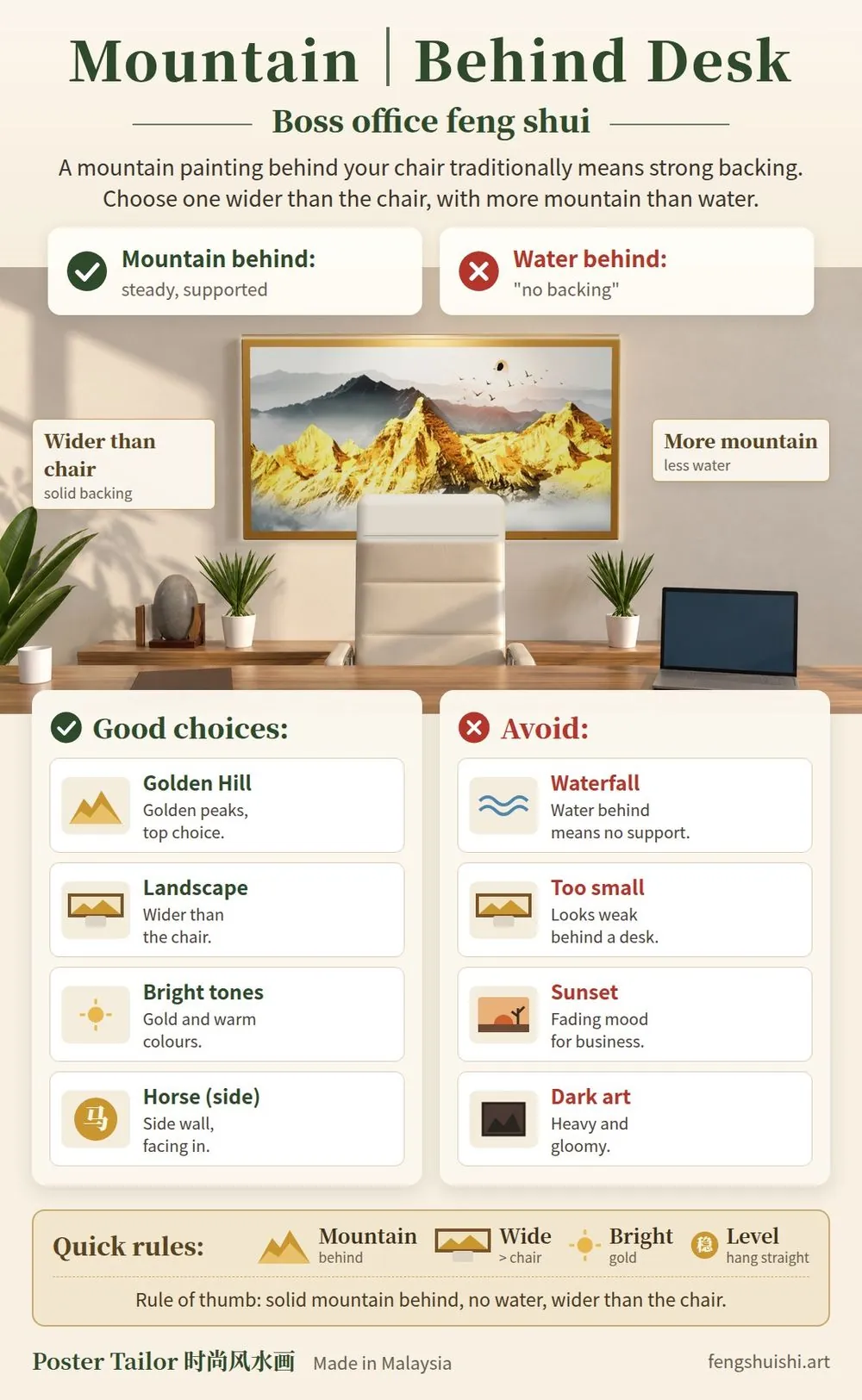 Infographic: mountain painting behind desk in a Malaysian boss office, showing chair position, painting height and side-wall horse painting