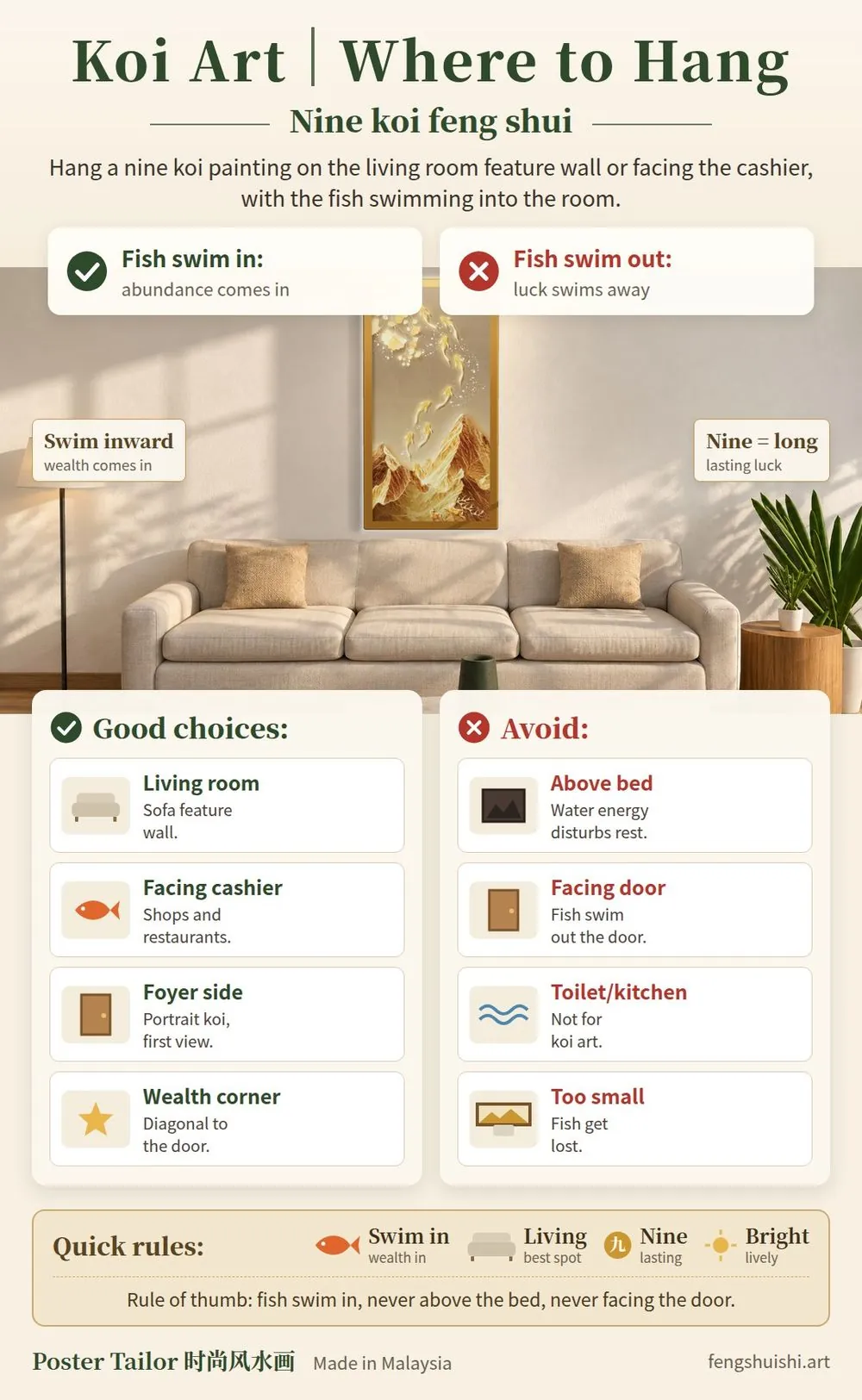 Infographic: koi fish painting feng shui placement in a Malaysian living room, with arrows showing the fish swimming into the home