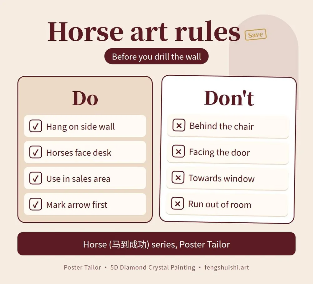 Horse painting feng shui checklist: do hang on the side wall facing the desk, don't hang behind the chair or facing the door