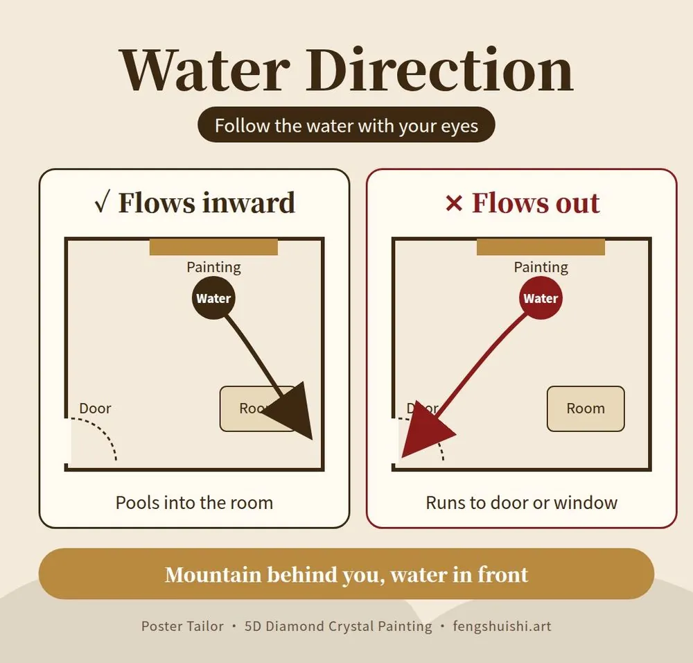 Waterfall painting feng shui direction card: water flowing into the room is right, water flowing out of the door is wrong