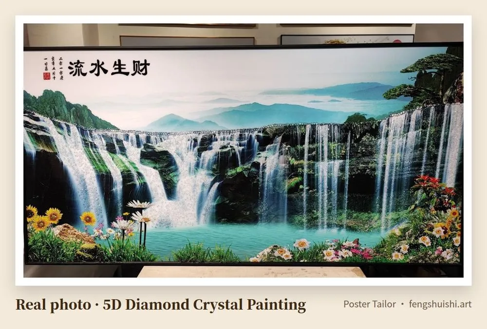 Money Flow In 5D diamond crystal painting, landscape format, multi-tier waterfall under green mountains flowing into an emerald lake with sunflowers in front
