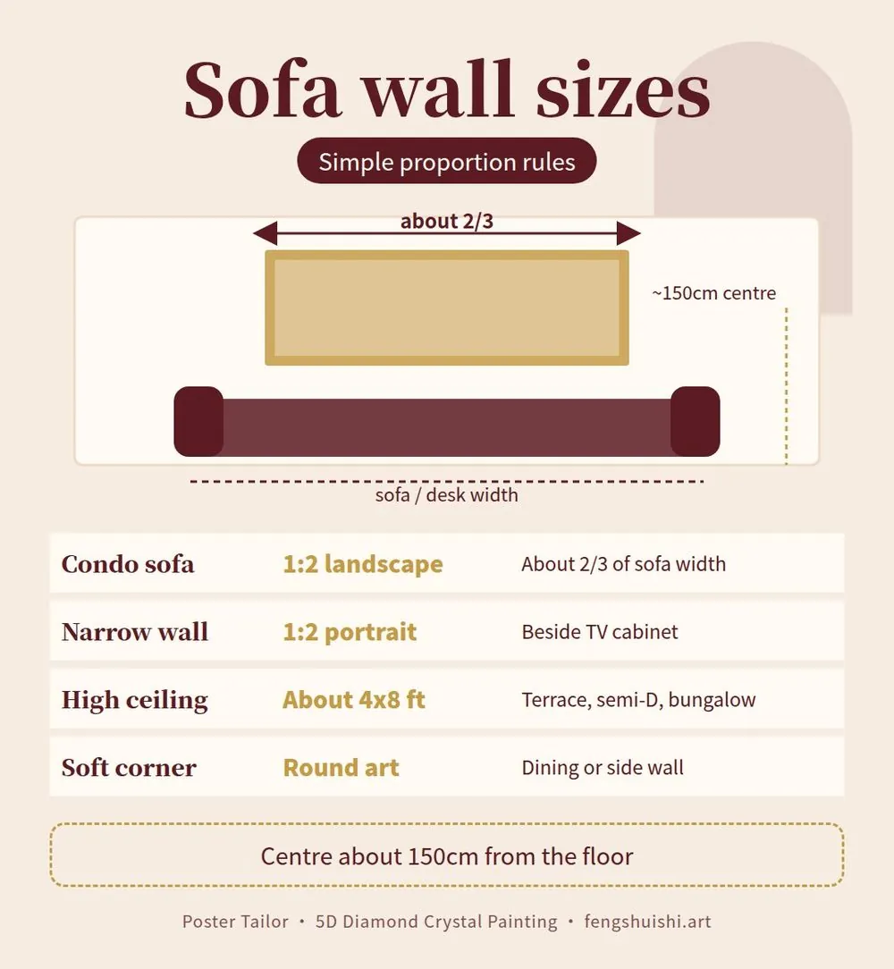 Size card for living room wall art Malaysia: condo sofa wall, terrace house, high-ceiling hall and round art, with 1:2 and 4x8 ft sizes