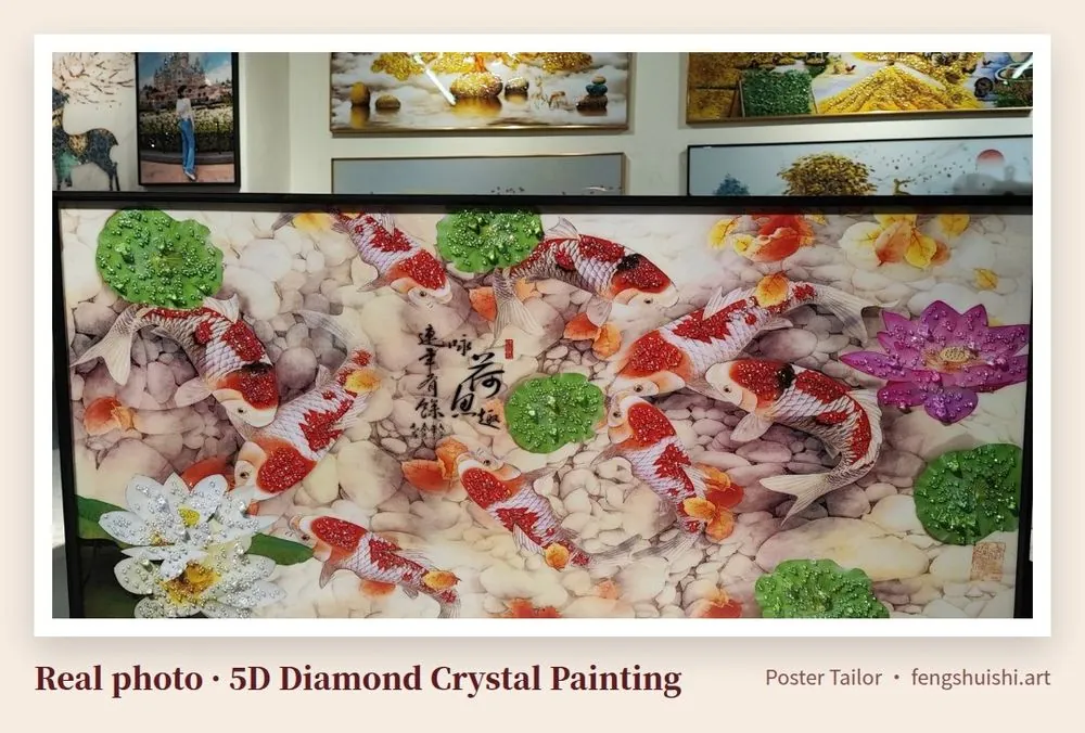 5D diamond crystal koi painting with red and white koi, green lotus leaves and lotus flowers, landscape living room wall art Malaysia