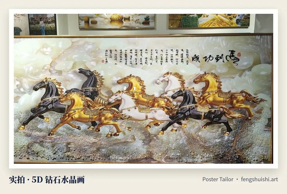 公司搬迁挂画 马到成功 5D 钻石水晶画 金色深色骏马向右奔腾 书法题字 金色细框
