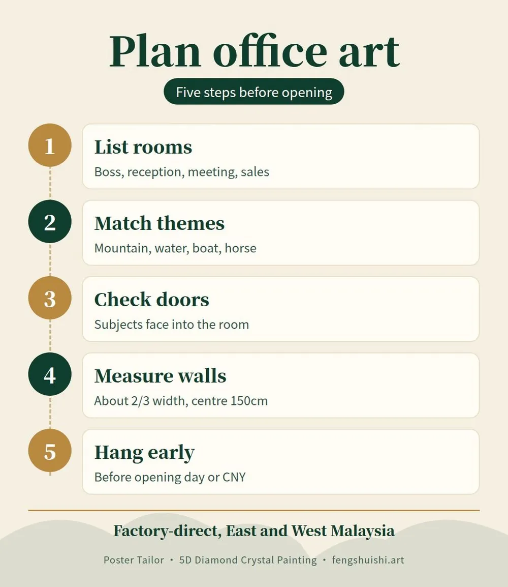 Steps to plan office wall art in Malaysia: list rooms, match themes, check directions, measure walls, hang before opening day