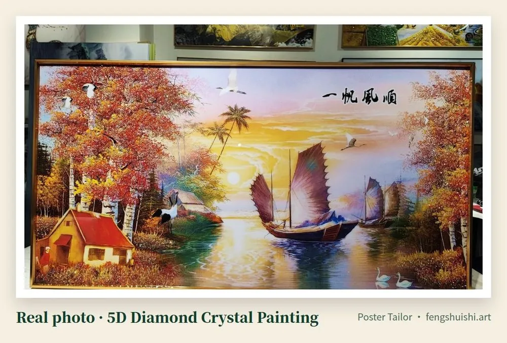 Smooth Life 5D diamond crystal painting with Chinese sailboats on a lake among red and yellow autumn trees, landscape meeting room art