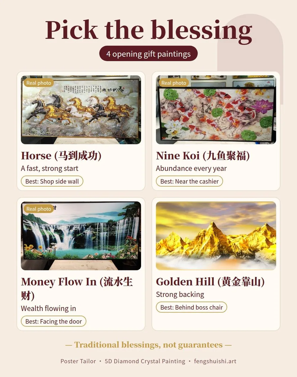 Grand opening gift ideas Malaysia: meaning of Horse, Nine Koi, Money Flow In and Golden Hill feng shui paintings and where to hang each