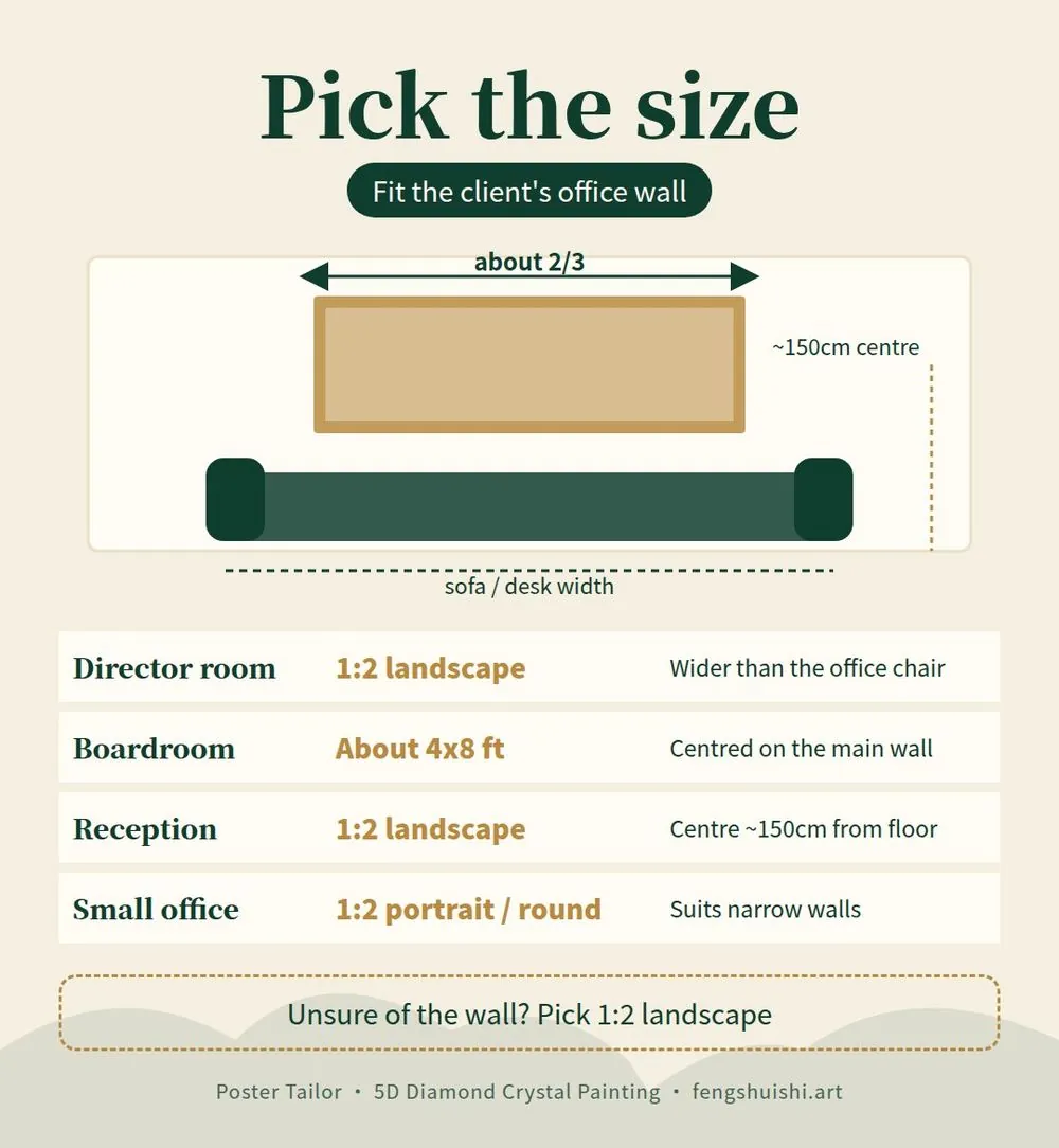 Company gift painting size guide: 1:2 landscape for a director's room, about 4x8 ft for a boardroom, round painting for smaller walls