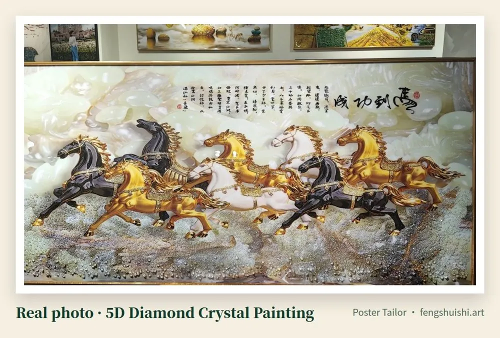 Horse 5D diamond crystal painting, landscape, golden and dark horses galloping right on a light stone-texture background with 马到成功 calligraphy and a thin gold frame, premium corporate gift Malaysia