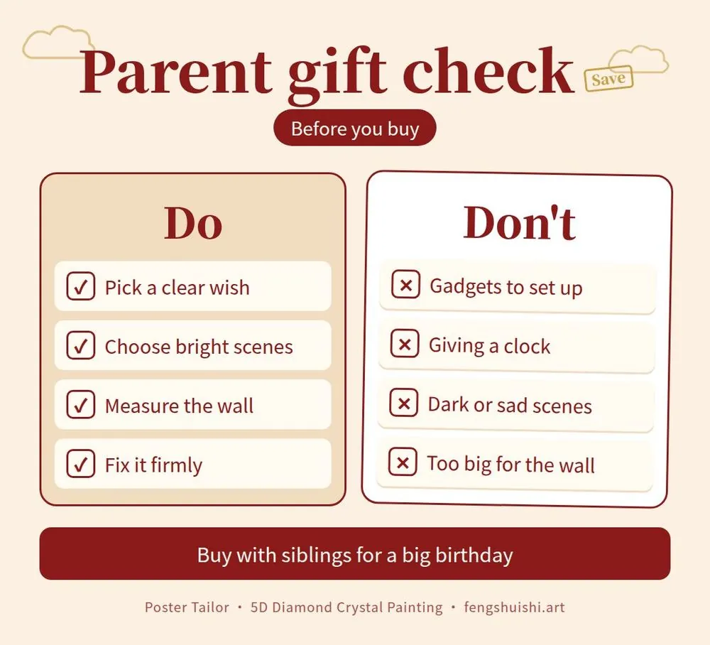 Birthday gift for parents Malaysia checklist: pick something they see daily, bright scenes, measure the wall, avoid clocks and gadgets they will not use