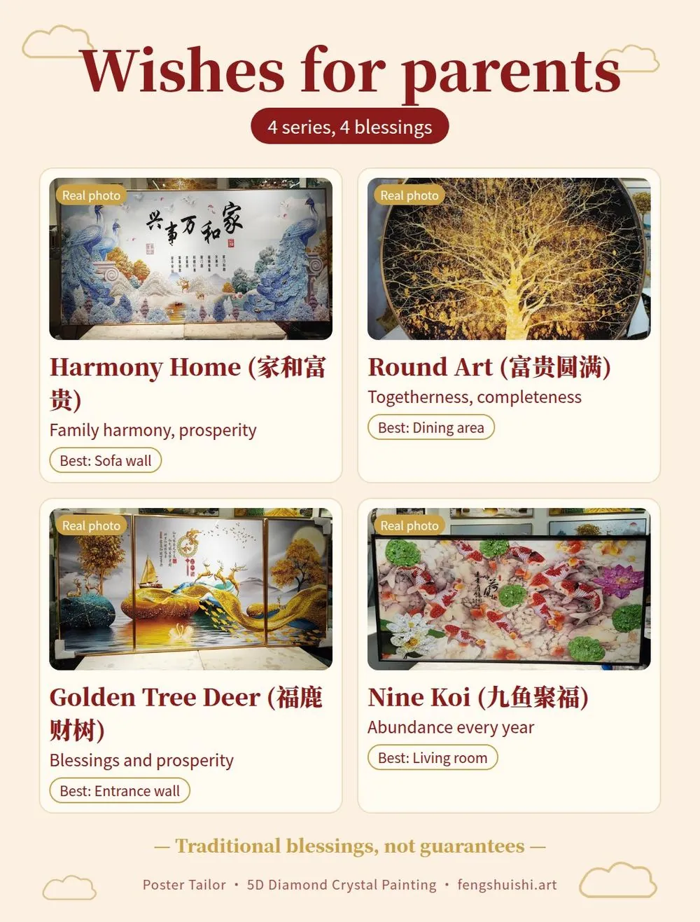 Meaningful birthday gift meaning card: Harmony Home, Round Art, Golden Tree Deer and Nine Koi paintings and where parents can hang each one