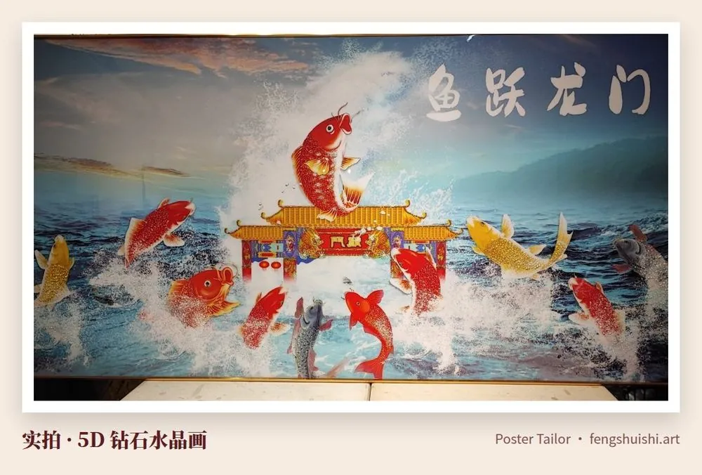 鱼跃龙门 5D 钻石水晶画 横幅 红色锦鲤跃出浪花 中间龙门牌楼 右上题字 升职送什么礼物