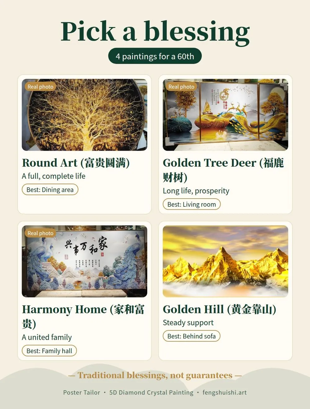 60th birthday gift Malaysia: meaning of Round Art, Golden Tree Deer, Harmony Home and Golden Hill paintings and where to hang each at home
