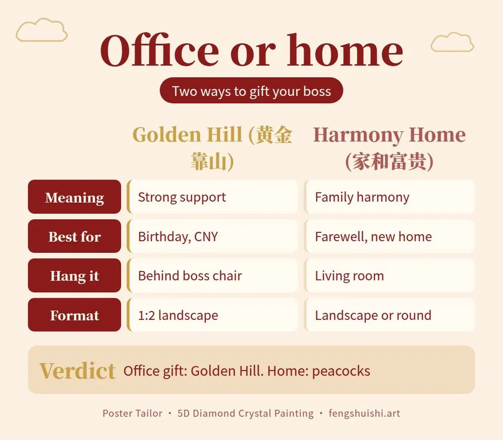 Gift for boss Malaysia: compare an office gift (Golden Hill painting) with a home gift (Harmony Home peacock painting) by meaning, occasion and where to hang