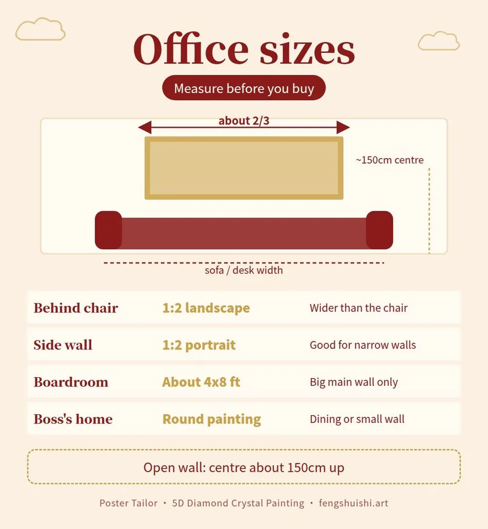 Office gift size guide for a boss: 1:2 landscape behind the chair, 1:2 portrait for a side wall, about 4x8 ft for a boardroom, round painting for a small wall