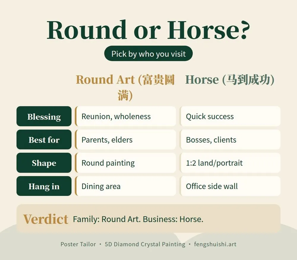 Lunar new year gift comparison: Round Art round painting versus Horse painting, blessing, best recipient, shape and where to hang