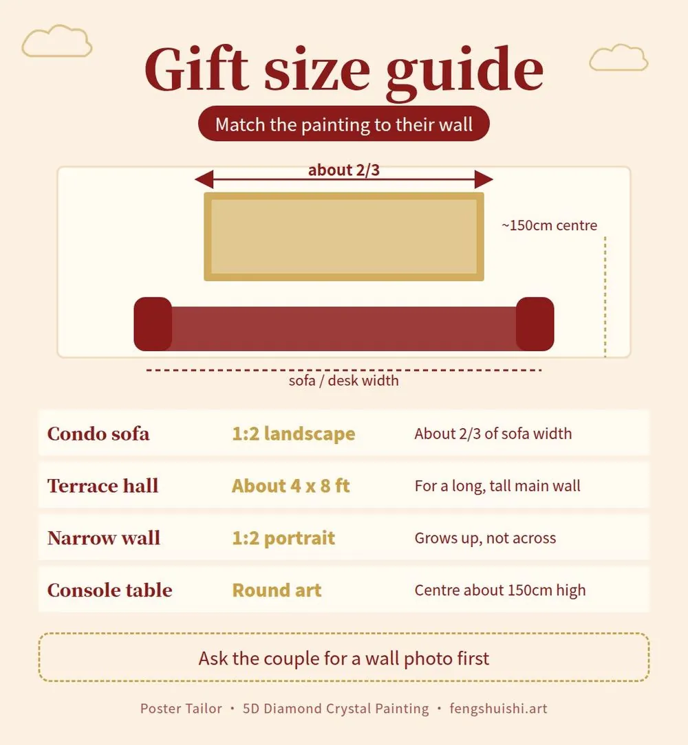 Wedding gift Malaysia size card: which painting size suits a condo sofa wall, a terrace house living room, a narrow wall and a console table