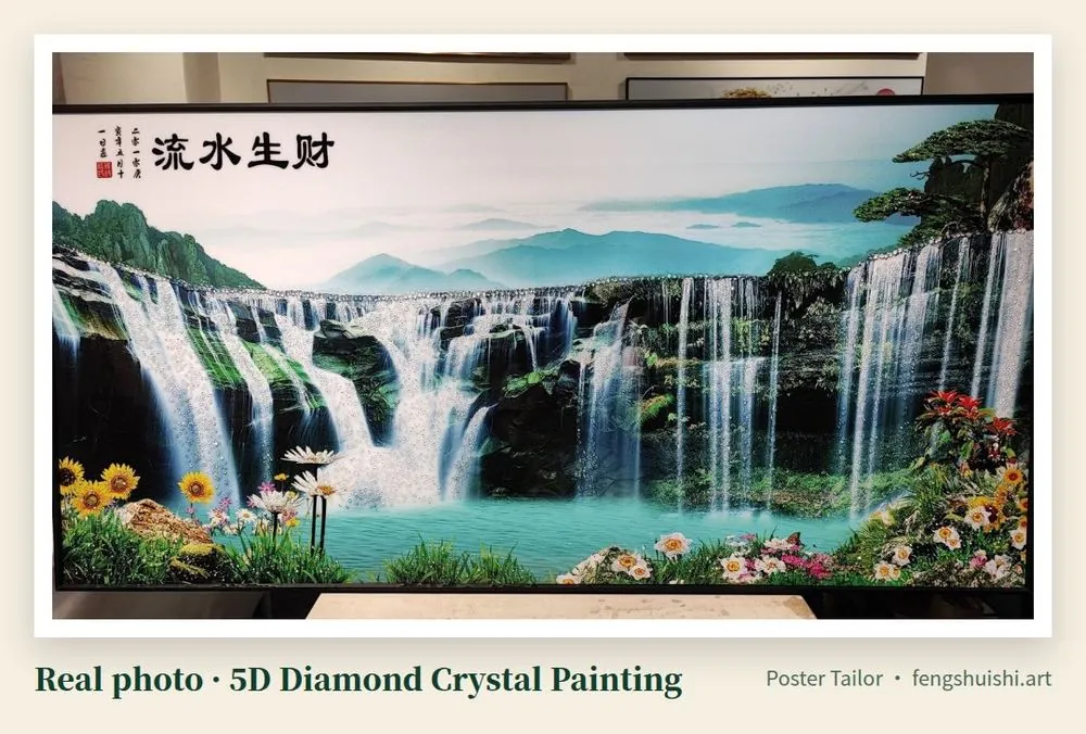 Money Flow In 5D diamond crystal painting, landscape format, multi-tier waterfall under green mountains flowing into an emerald lake with sunflowers in front, housewarming gift for a Chinese family