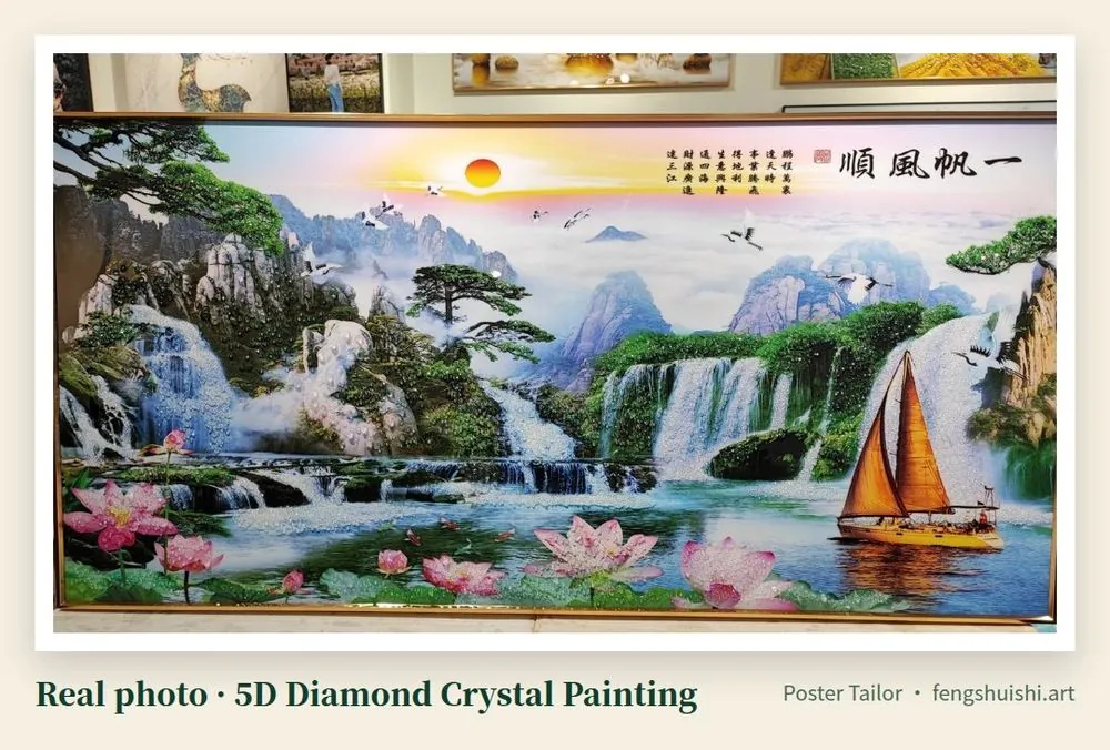 Smooth Life 5D diamond crystal painting, landscape format, green mountain waterfall, lotus pond and a red-sail boat with the inscription 一帆风顺, lucky housewarming gift