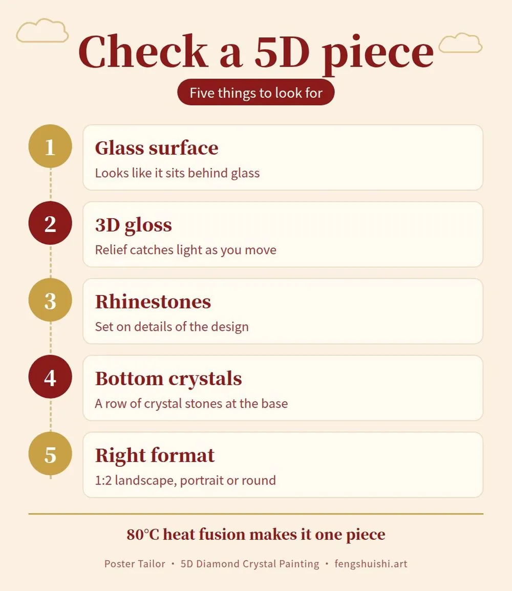 Five steps to check a 5D diamond crystal painting: glass-like surface, rhinestones on details, crystal stones along the bottom, decorative crystal, 1:2 format