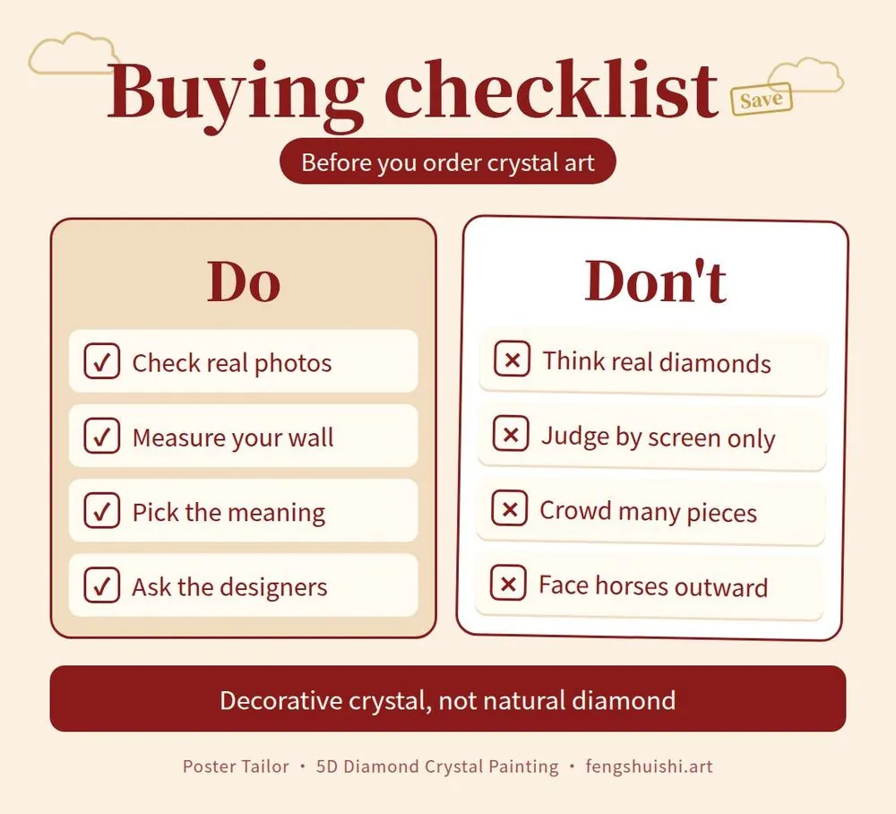 Checklist for buying a 5D diamond crystal painting: do check real photos, measure the wall, pick a meaning, ask questions; do not assume real diamonds or judge by screen alone