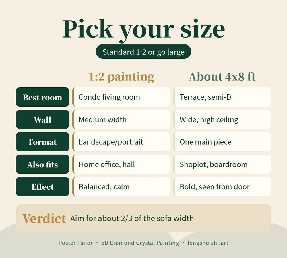 Feng shui painting size compare card: 1:2 painting vs about 4 x 8 ft main painting, best room, wall, viewing distance and effect