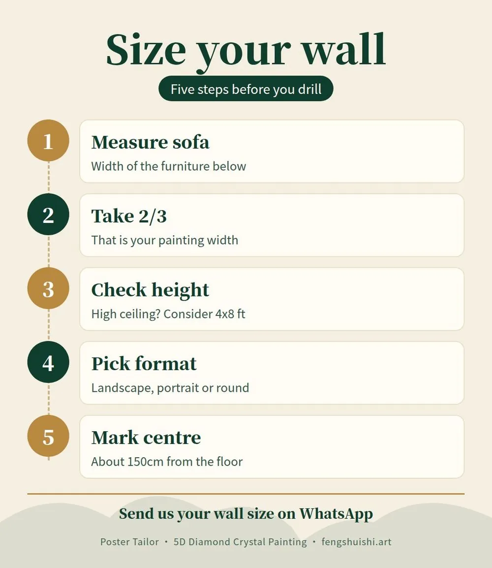 Five steps to size a feng shui painting: measure the sofa, take 2/3 width, check wall height, pick landscape portrait or round, mark centre at 150cm