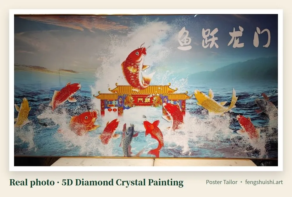 Leaping koi 5D diamond crystal painting real photo, landscape, red koi leaping out of waves, dragon gate archway in the middle, calligraphy 鱼跃龙门 top right