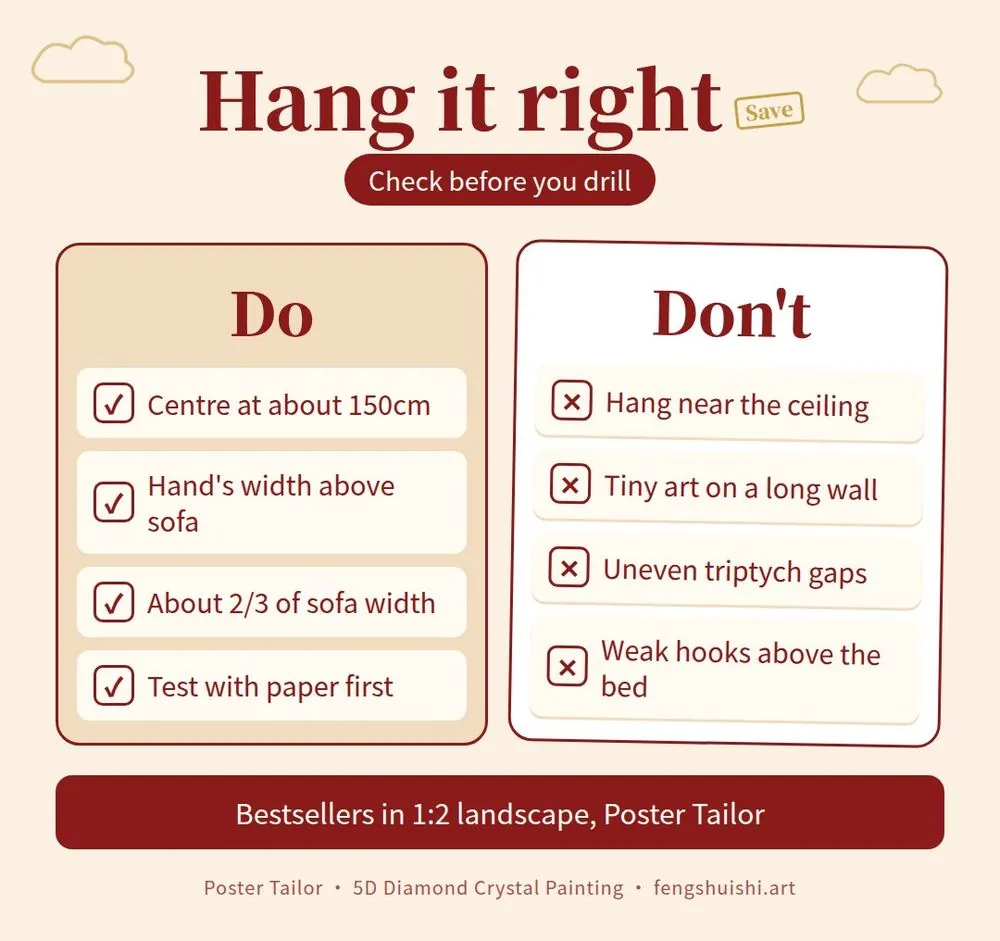 How high to hang a painting checklist: do centre art at about 150cm, leave a hand's width above the sofa; don't hang near the ceiling or too small for the wall