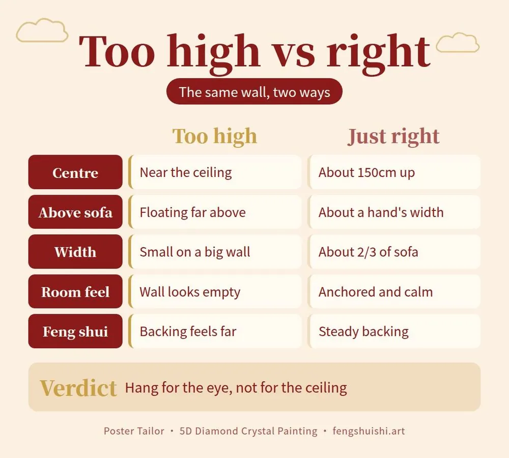 Wall art height compare card: too high versus just right for centre height, gap above sofa, width, room feel and feng shui backing