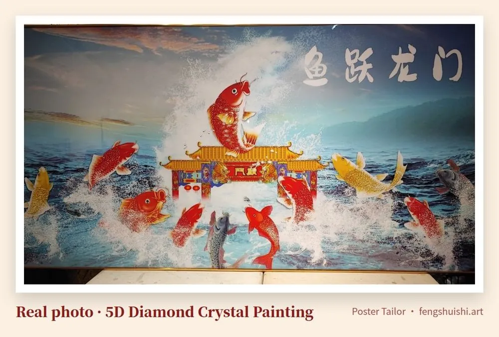 How high to hang a painting above a sofa: landscape 5D diamond crystal painting of red koi leaping from waves with a dragon gate arch and 鱼跃龙门 calligraphy top right