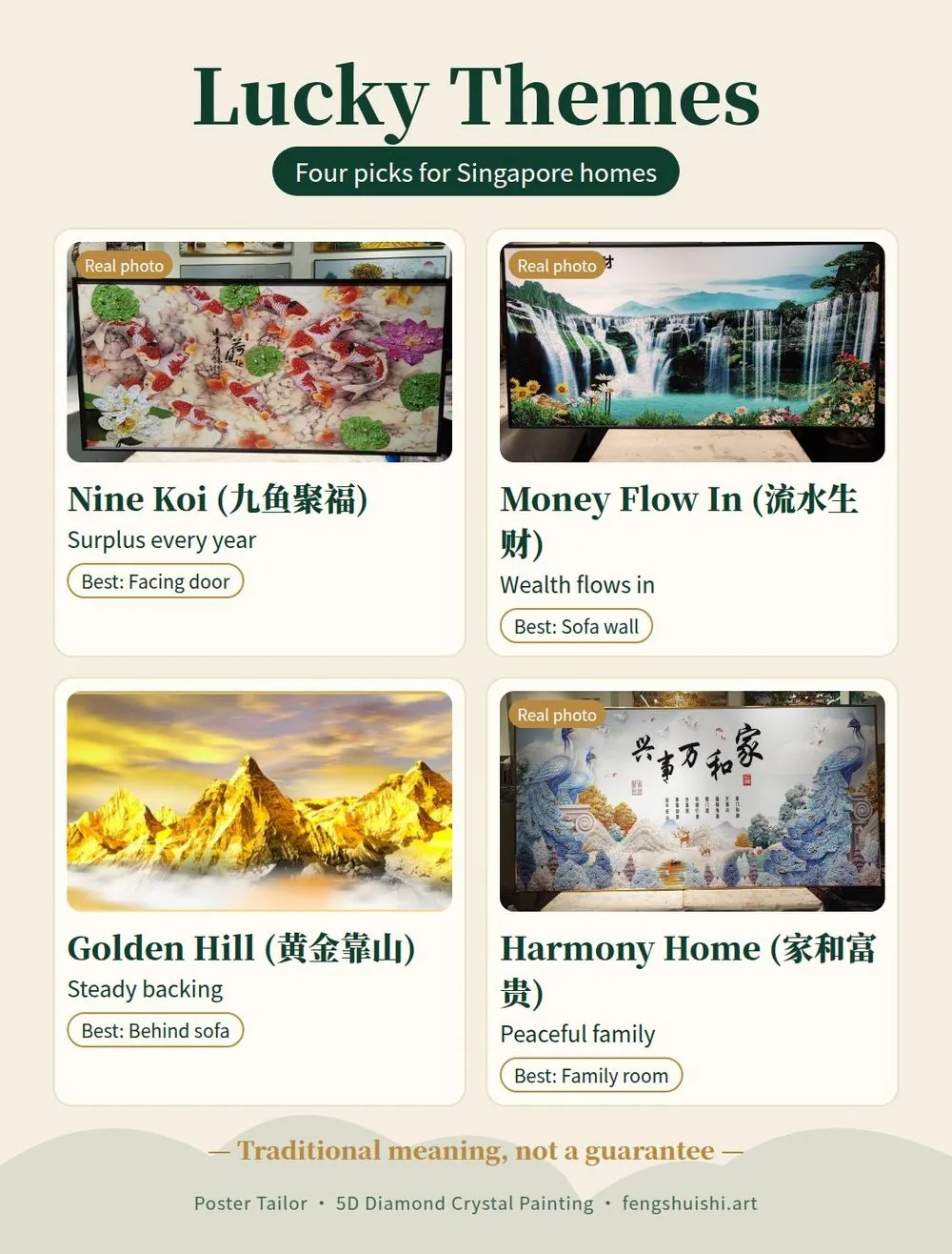 Feng shui painting Singapore meaning card: Nine Koi, Money Flow In, Golden Hill and Harmony Home, with the best wall for each