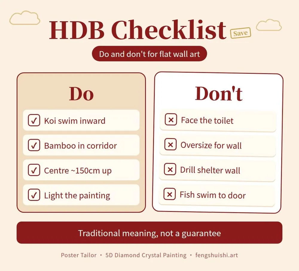 HDB feng shui art do and don't checklist: koi swimming inward, bamboo in the corridor, no painting facing the toilet, check before drilling shelter walls