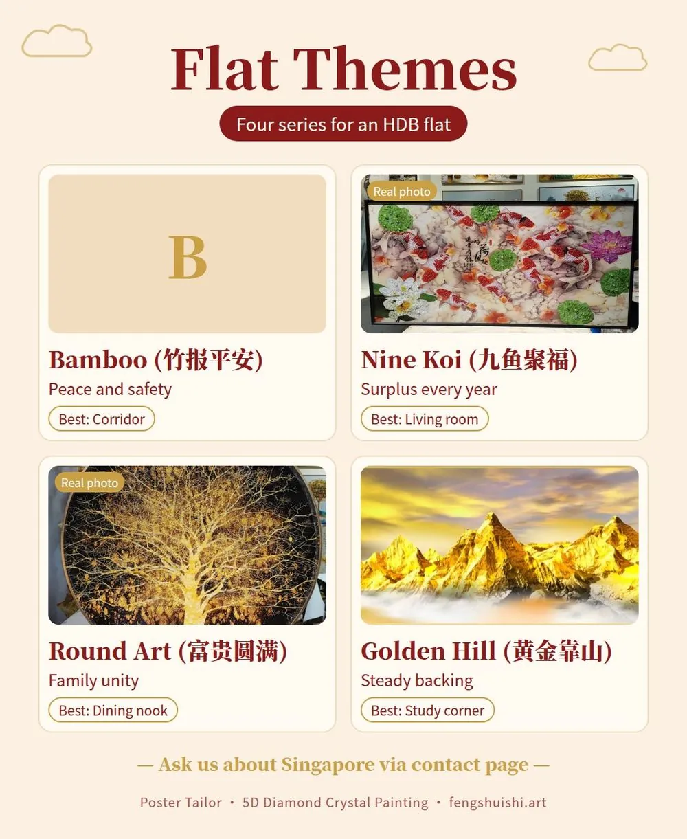 HDB feng shui art meaning card: Bamboo, Nine Koi, Round Art and Golden Hill, with the best spot in a Singapore flat for each