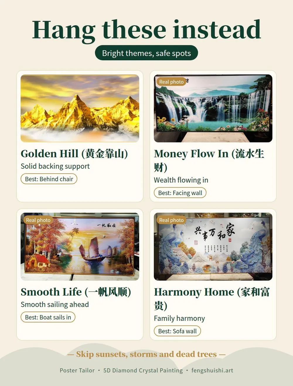 Safe feng shui paintings to hang instead of unlucky paintings: Golden Hill, Money Flow In, Smooth Life and Harmony Home, with the best place for each