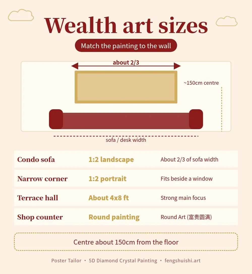Wealth area art size guide for Malaysian homes: condo sofa wall, narrow corner, terrace hall and shoplot counter, centre about 150cm from the floor