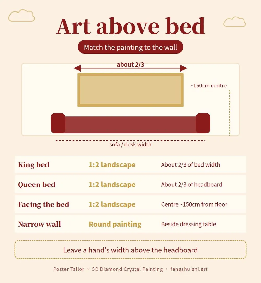 Bedroom feng shui art size guide: 1:2 landscape above king or queen bed at about 2/3 of bed width, round painting for narrow side walls
