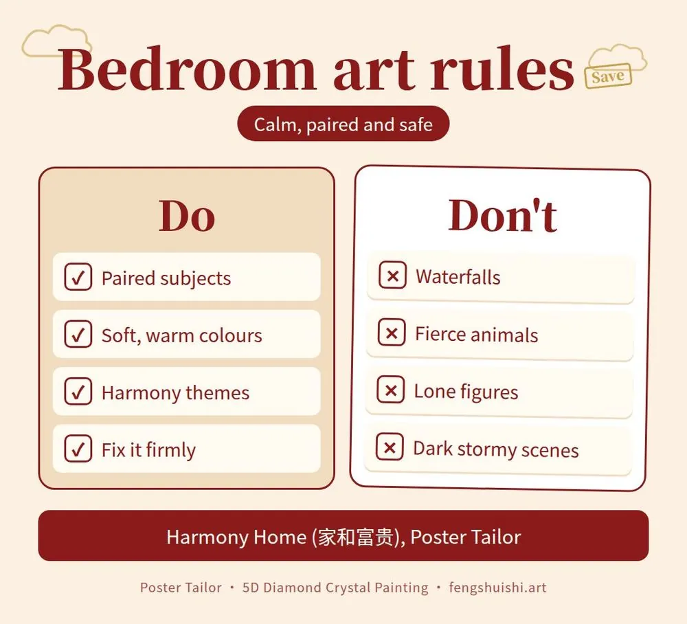 Bedroom wall art rules checklist: choose paired subjects and soft colours, fix it firmly; avoid waterfalls, fierce animals, lone figures and dark stormy scenes