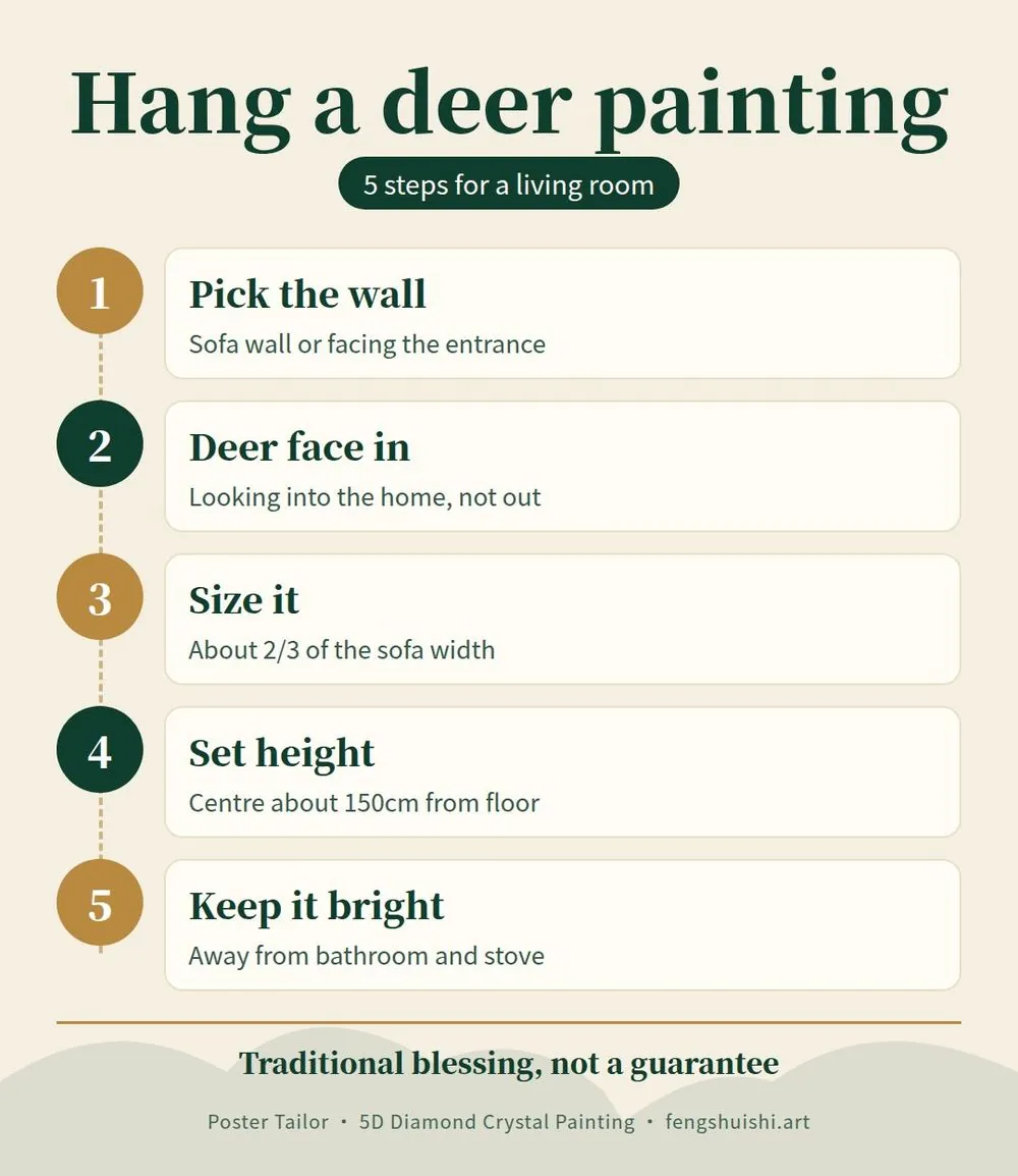 How to hang a deer painting in 5 steps: pick the living room wall, deer face into the home, size about 2/3 of sofa width, centre about 150cm up, keep it bright