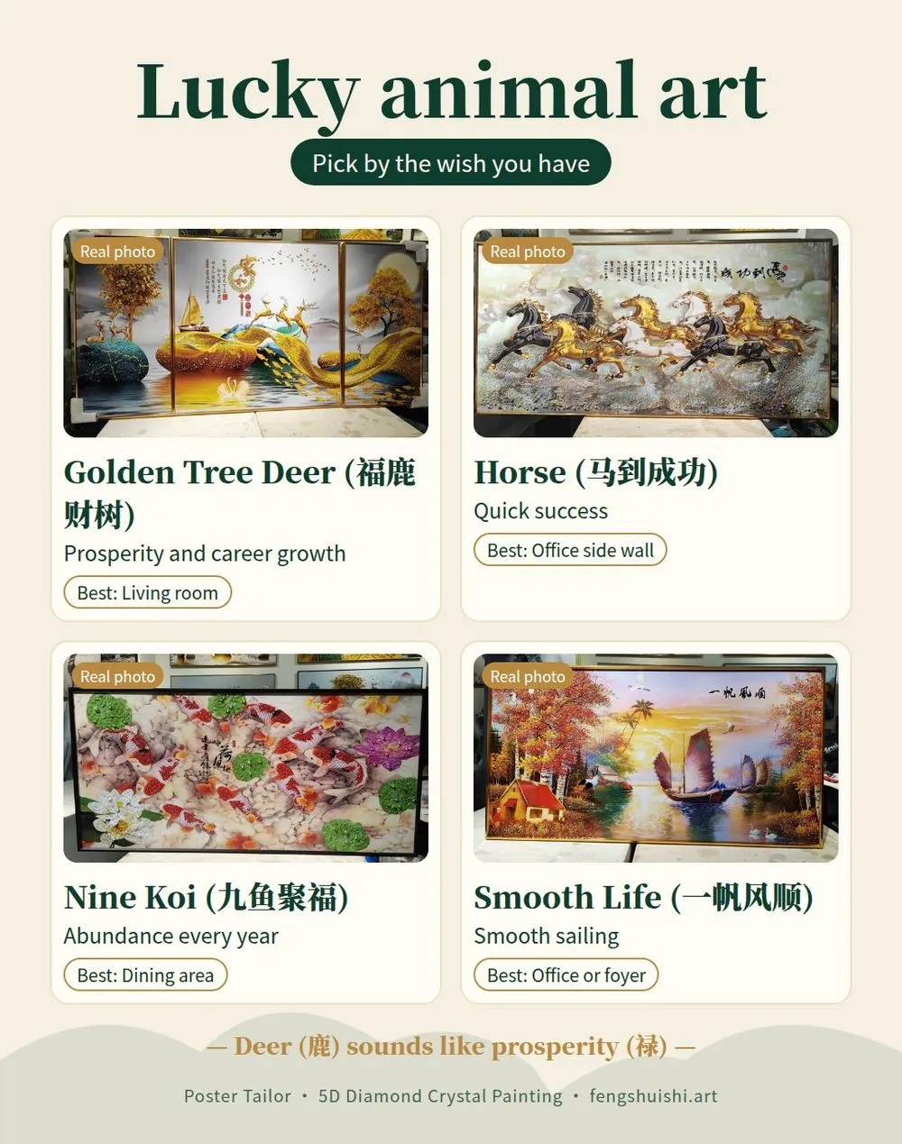 Lucky animal art meanings: Golden Tree Deer for prosperity in the living room, Horse for quick success in the office, Nine Koi for abundance in the dining area, Smooth Life for smooth sailing