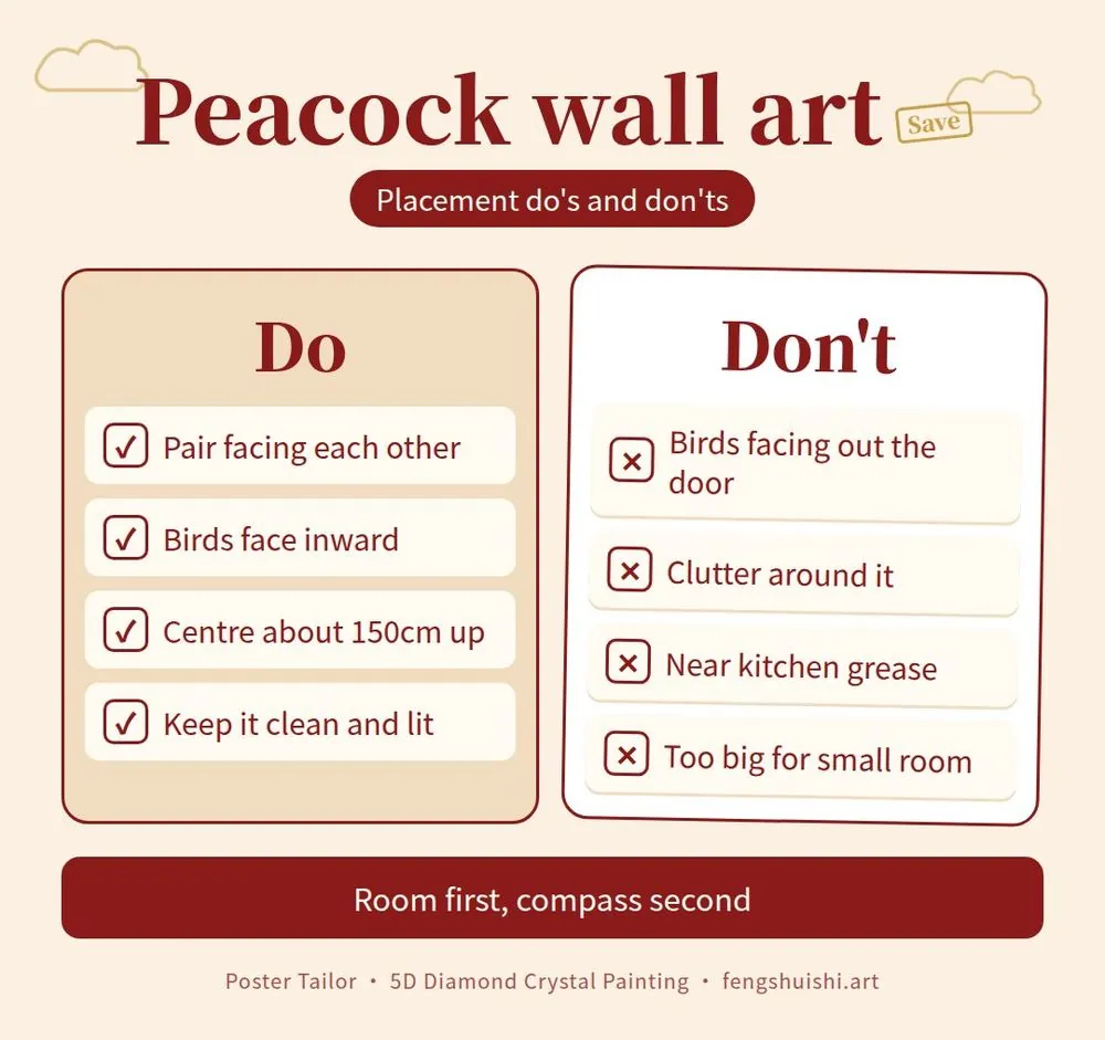 Peacock wall art do's and don'ts checklist: pair facing each other, birds face inward, keep it clean, good light; avoid facing the door, clutter, kitchen grease, oversized piece in small rooms