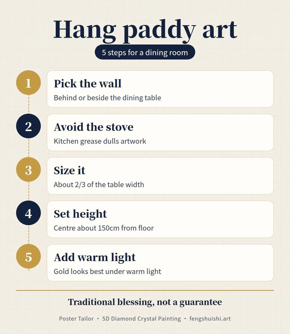 How to hang a paddy field painting in 5 steps: choose the dining wall, keep it away from the stove, size about 2/3 of the table or sideboard, centre about 150cm up, add warm light