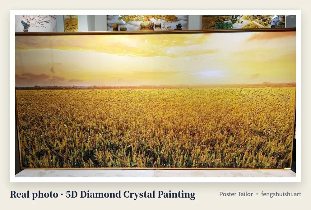 Golden paddy field 5D diamond crystal painting real photo, landscape piece with a whole field of golden rice under a bright sunrise sky, paddy field painting meaning