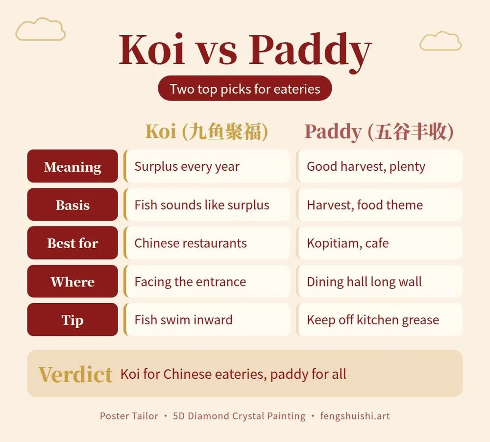 Restaurant feng shui painting comparison, koi painting vs paddy field painting for Malaysian eateries