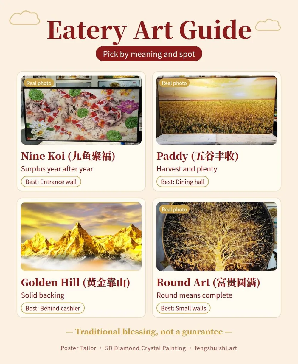 Restaurant wall art meanings, Nine Koi, paddy field, Golden Hill and Round Art series for eateries