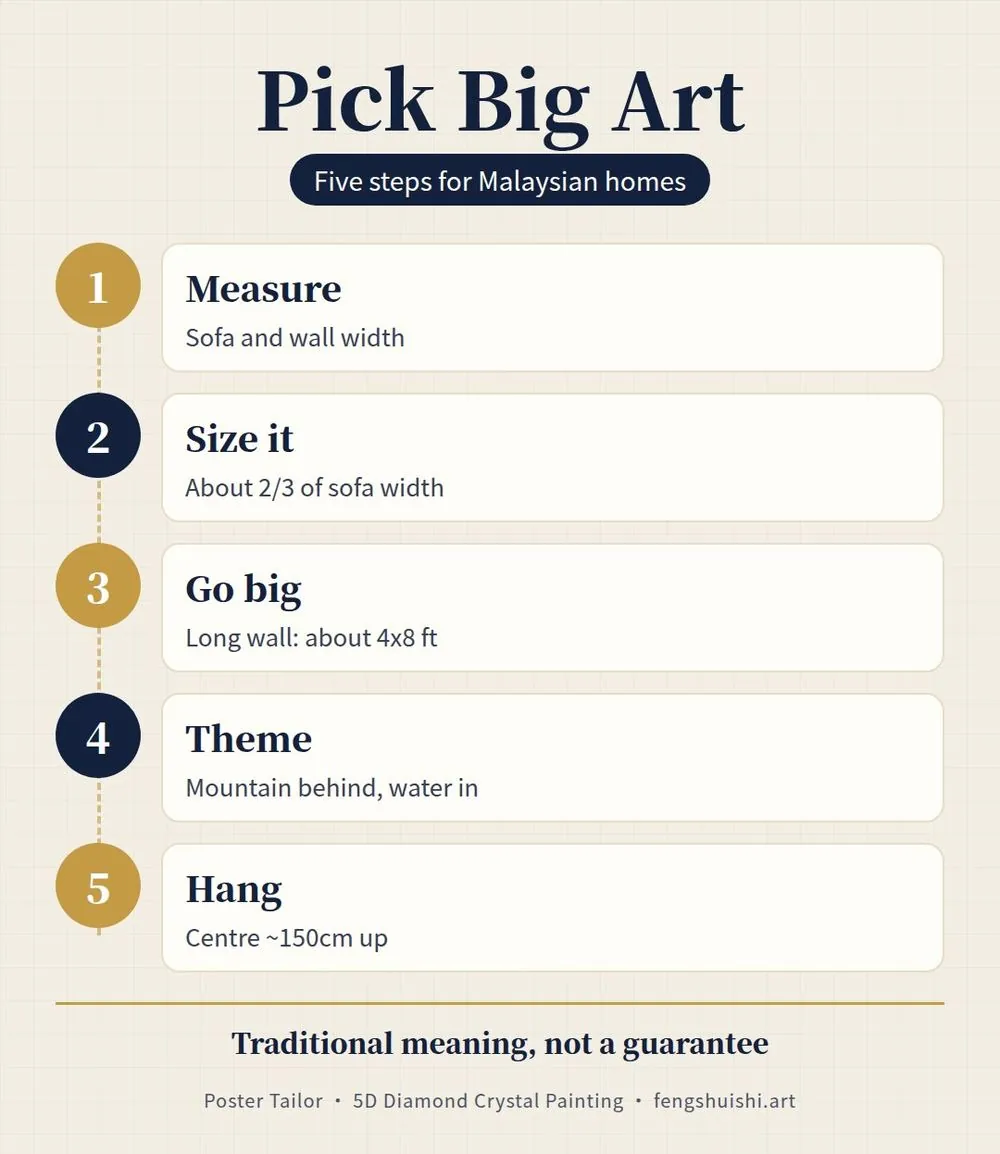 Steps to choose large wall art in Malaysia: measure sofa, pick 1:2 or 4x8 ft, choose theme, check height, hang securely