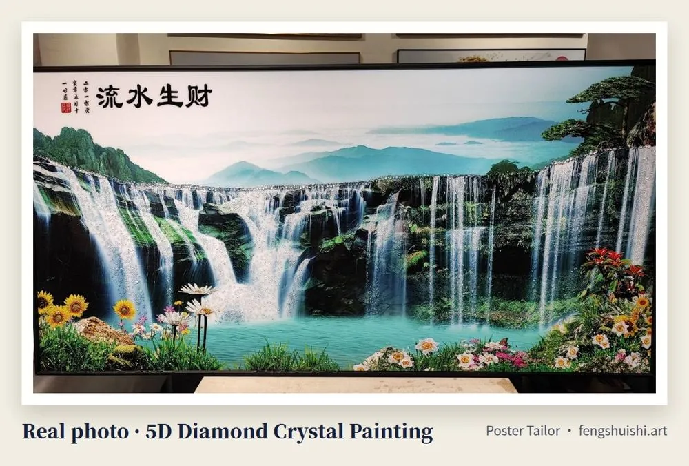Money Flow In 5D diamond crystal painting, landscape, waterfalls under green mountains flowing into a jade lake with sunflowers, large wall art Malaysia