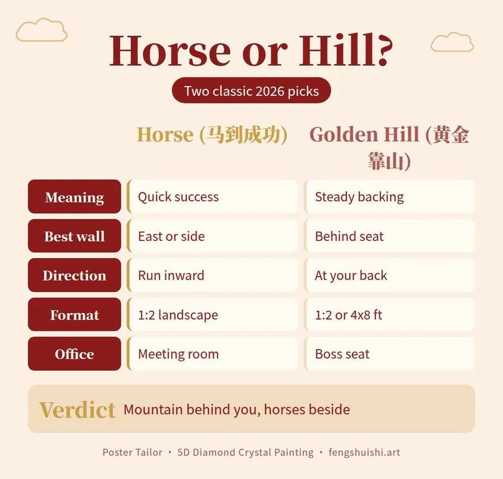 Horse painting vs Golden Hill mountain painting comparison for 2026 year of the horse feng shui: meaning, best wall, direction, size