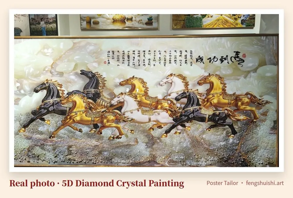Horse 5D diamond crystal painting, landscape, golden and dark horses galloping right on a light stone background, calligraphy 马到成功, gold frame, 2026 year of the horse feng shui